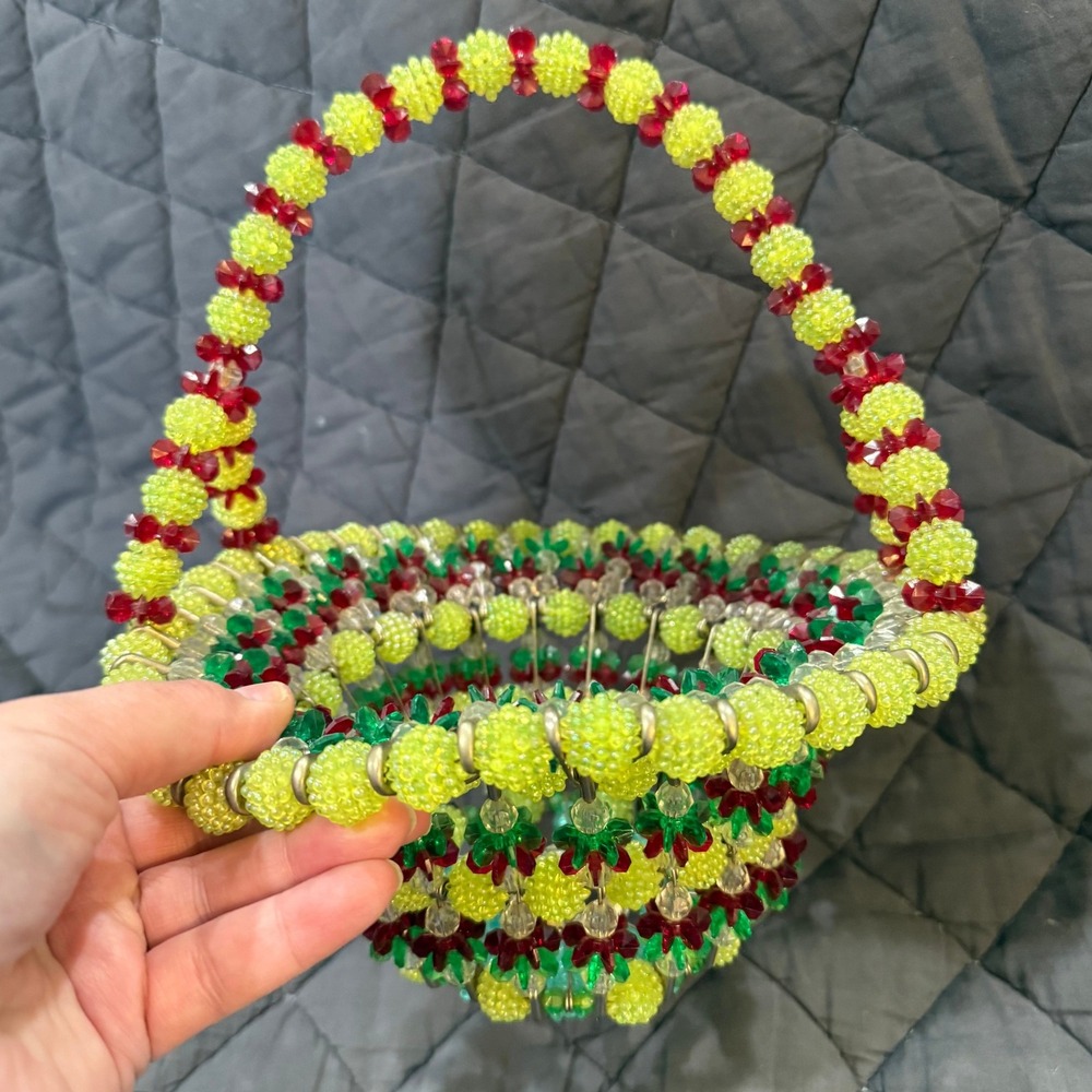 Vintage Beaded Basket Decor Fruit‎ Color Plastic Bead Bowl Display